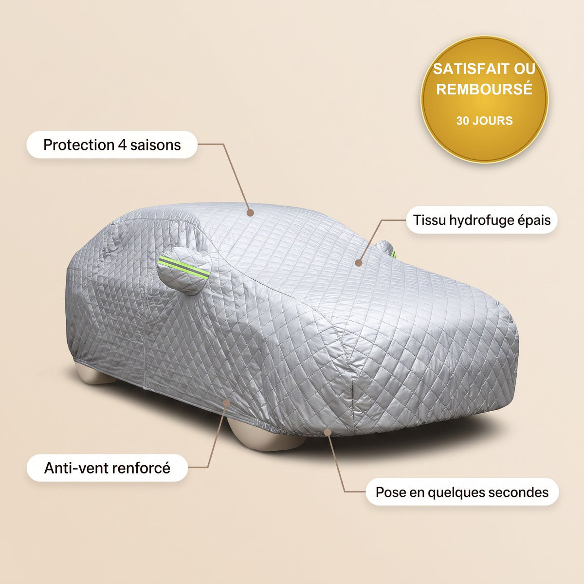 Protection 4 saisons, tissu hydrofuge, anti-vent, pose rapide
